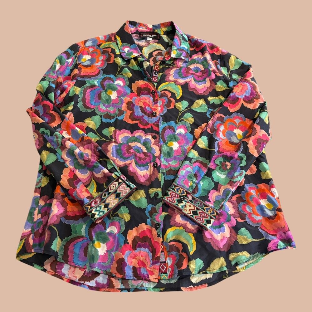 Johnny Was Workshop Shirt Womens L Multicolor Floral Silk Embroidered Cuff Boho - Picture 1 of 12